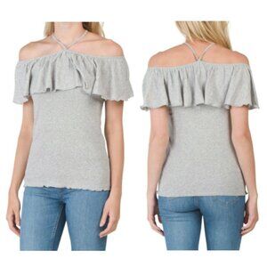 NWT Chaser Top Off-Shoulder Baby Ribbed Ruffle Gray  XS